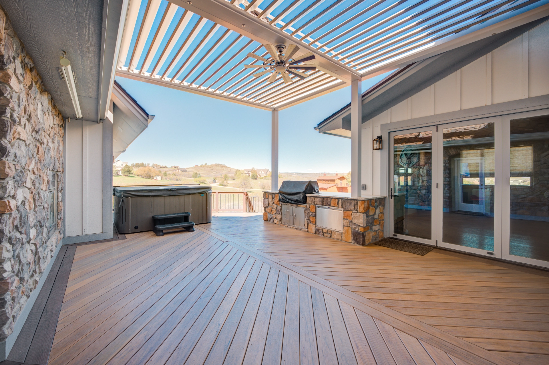 Wood deck with attached pergola